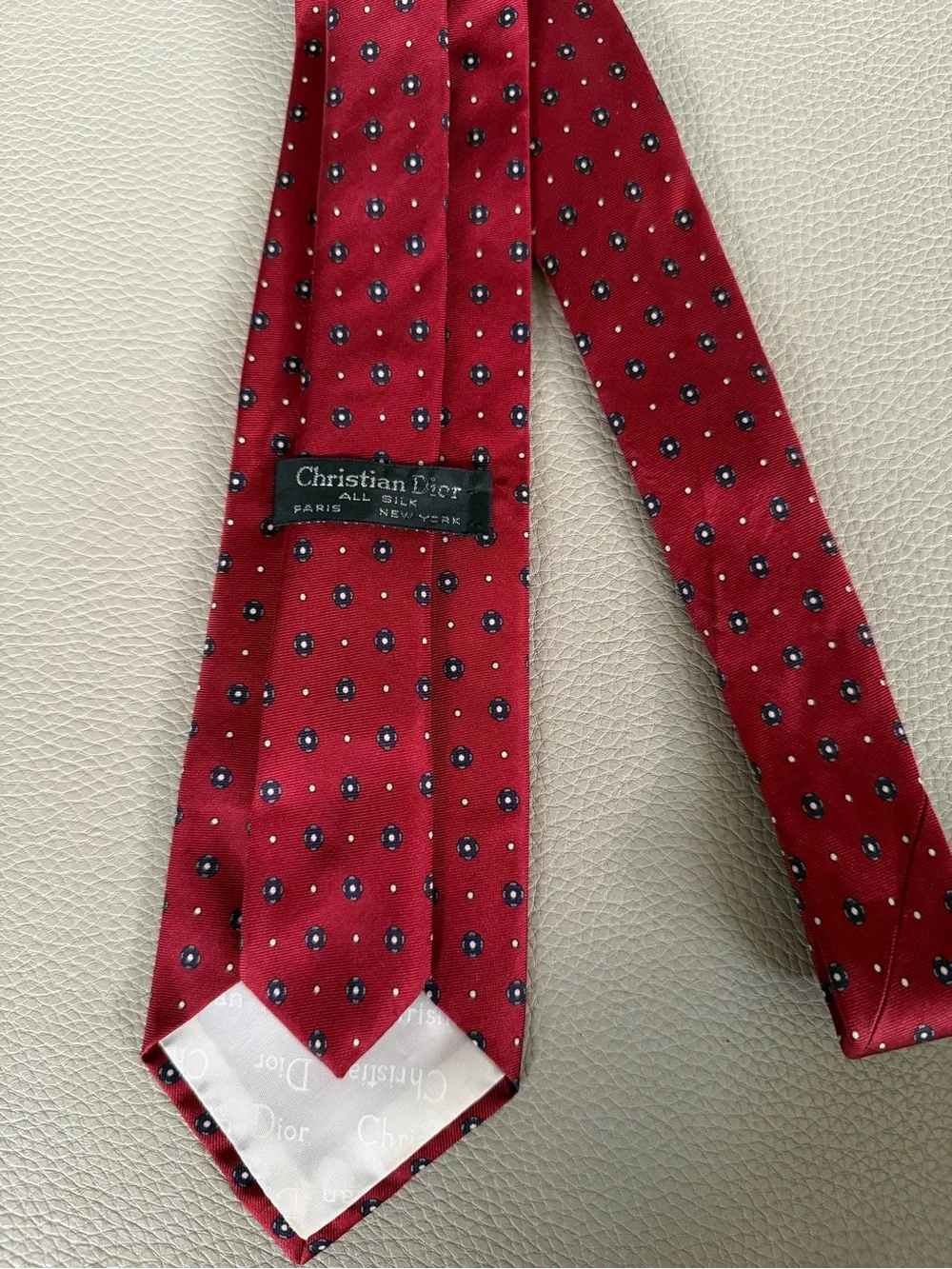 Christian Dior Burgundy Silk Tie with Navy and White Dot Motif
